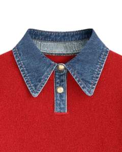 Customized <b>Women</b> <b>Red</b> Knit Sweater With Denim Collar Button Neck Long Sleeve Pullover Casual Winter Top Soft Acrylic Blend - Product Image 4