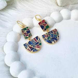 Pendientes colgantes de doble piedra de turquesa y cobre estilo Mohave, enchapados en oro de 18k, estilo geométrico para mujer, gran venta. - Product Image 1