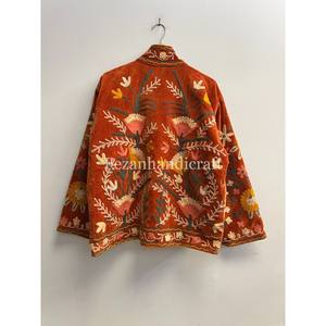Wholesale <b>Velvet</b> Suzani Embroidered Short <b>Coat</b> With Inside Cotton Lining <b>Women's</b> Casual Jacket Two Side Pockets - Product Image 6