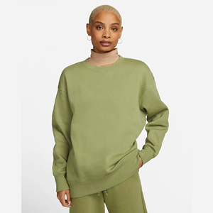 Loose Fit Ribbed <b>Crewneck</b> 80% Cotton 20% Recycled Polyester Fleece Ribbed Cuffs and Hem Khaki Green Women Sweatshirt - Product Image 1