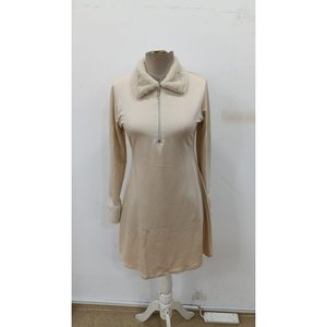 Robe courte en viscose à col en fourrure et fermeture éclair à manches longues pour femme, 29164 - Beige - Product Image 4