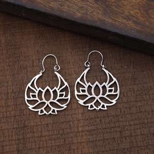 Boho Lotus <b>Hoop</b> <b>Earrings</b> Tribal Brass <b>Earrings</b> for Women <b>Silver</b> Plated Floral Design Wholesale <b>Earring</b> - Product Image 2
