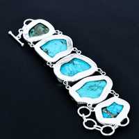 Pulsera de Lujo con Turquesa Rara y Brillante, Plata de Ley 925, Hecha a Mano, Estilo Bohemio, Unisex, Talla Grande, Certificación GIA, Oro