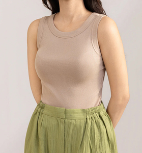 Women's Beige Knitted Hip Hop Short Sleeveless Tank <b>Top</b> Scoop Neck Minimalist Solid Color Breathable Button Lace Casual - Product Image 1