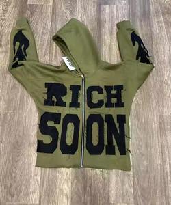 Sudadera con capucha con cremallera completa y estampado de soplo OEM, Sudadera con capucha de algodón de rizo francés para hombre, sudadera con estampado de espuma 3D en blanco de lana bordada personalizada - Product Image 2