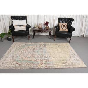 Alfombra turca clásica vintage Beige verde 4,7x7,7 pies lana hecha a mano con respaldo de látex patrón de retazos para cabecera - Product Image 2