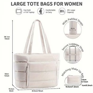 Borsa Tote Trapuntata in Nylon per Donna, Borsa <span class=keywords><strong>a</strong></span> Spalla Multicomparto con Cerniera, Grande Capacità per Lavoro, Viaggi e Palestra - Product Image 3