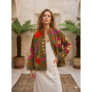 Velvet Embroidered Suzani Floral <b>Jacket</b> <b>Mandarin</b> <b>Collar</b> Full Sleeve Prairie Chic Autumn Women's Outerwear Handcrafted - Product Image 1