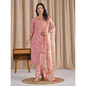 Hand Drawn Pink <b>Block</b> <b>Printed</b> Cotton Anarkali Kurta Pant Set Pakistani Style Indian Ethnic Wear with Salwar - Product Image 4