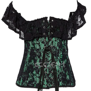 Corsé gótico vintage de satén verde con superposición de encaje negro con volantes - Product Image 5