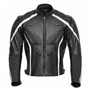 Chaqueta de motociclismo de cuero negro de vaca auténtica para hombre con líneas blancas, protecciones CE, chaqueta de moto de carreras para hombre - Product Image 1