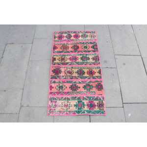 Turkish Small Rug 1.6x3.2 ft (50x97 cm), <b>Pink</b> Abstract Vintage Rug - Product Image 1