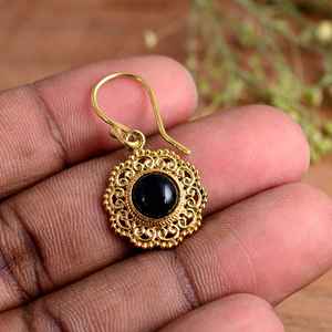 Pendientes Colgantes de Obsidiana Negra Hechos a Mano con Filigrana de Latón Chapado en Oro, Estilo Boho Hippie, Regalo para Fiestas, Venta al por Mayor, Moda - Product Image 4