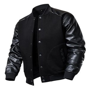 Veste universitaire noire pour homme avec manches en cuir PU, logo personnalisé, veste bomber de baseball, streetwear, style universitaire, mélange de laine, vêtements d'extérieur - Product Image 1