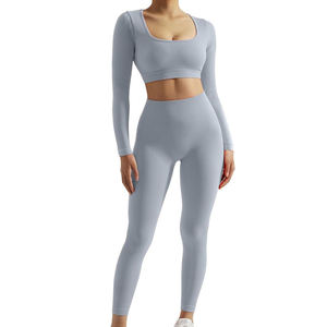 Ensemble de yoga classique fait de leggings taille haute sans couture en tissu extensible respirant ceinture côtelée et haut de soutien-gorge d'entraînement court - Product Image 1