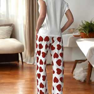 Trái Tim Màu Đỏ Pajama T-<span class=keywords><strong>Shirt</strong></span> Và Quần Ấm Thoải Mái Pajama Set Cho Phụ Nữ Hai Mảnh Nhà Sang Trọng Mặc Cho Phụ Nữ - Product Image 1