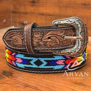 Premium Quality Customized Western Cow <b>Leather</b> Beaded <b>Belt</b> for Men & Women With Hand <b>Tooled</b> Design Top Manufacturer Supplier - Product Image 1