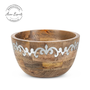 Bol en bois de mangue artisanal de qualité supérieure avec incrustation en métal utilisé pour servir les salades et les nouilles - Product Image 1