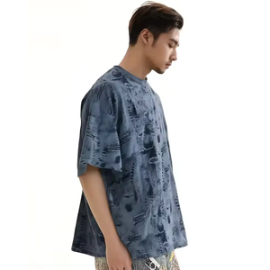 เสื้อยืดผู้ชายผ้าฝ้าย 100% เสื้อยืดลายกราฟิกสไตล์วินเทจผ้ายีนส์ขาดๆ ทรงหลวม น้ำหนักมาก - Product Image 1