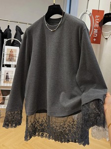 เสื้อยืดโอเวอร์ไซส์ผู้หญิง ผ้าเจอร์ซีย์ แต่งผ้าลูกไม้ ลายพิมพ์เรียบง่าย แขนยาว สวมใส่สบาย เหมาะสำหรับฤดูใบไม้ร่วงและฤดูหนาว - Product Image 6