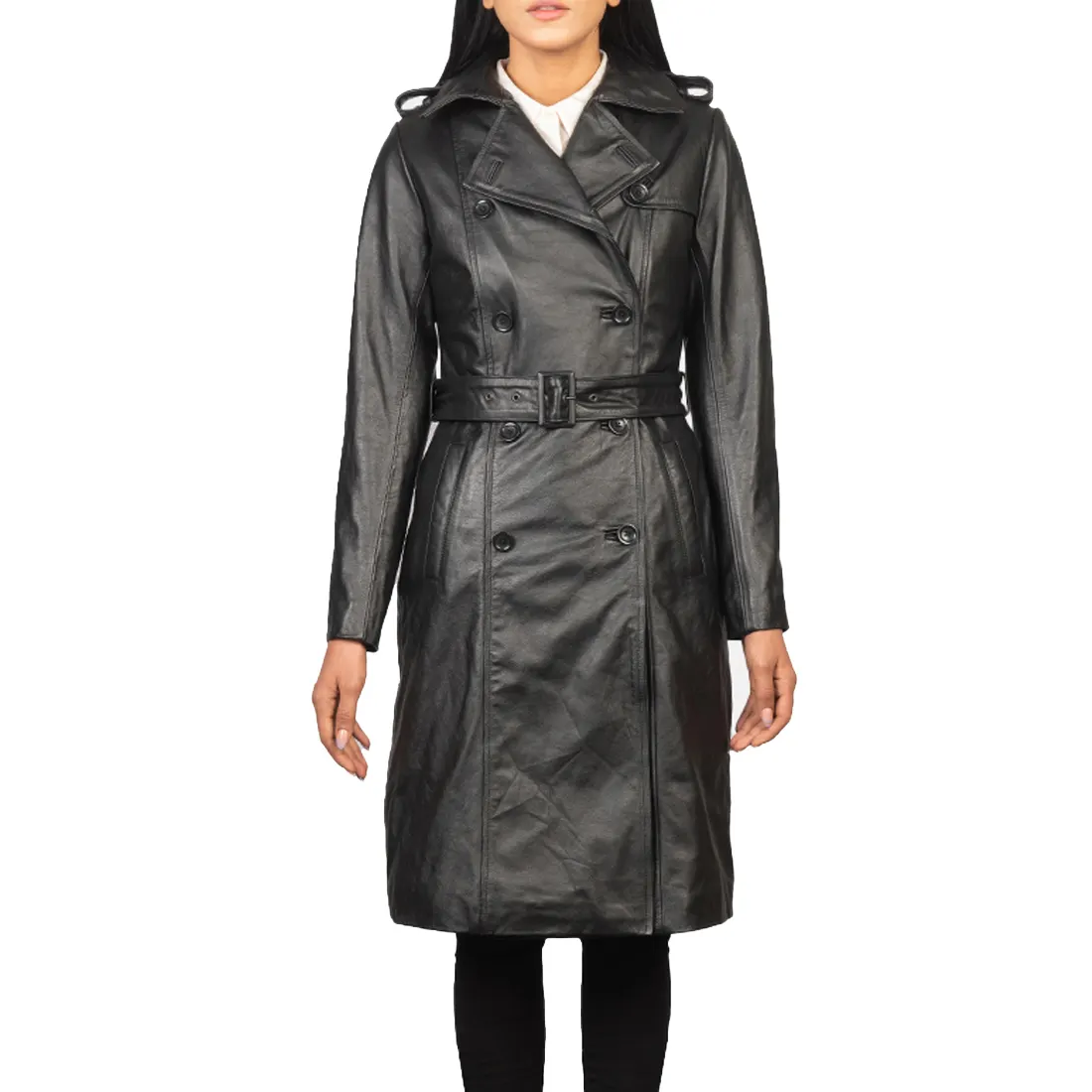 Women spring fashion leather trench coat long ladies sheepskin coat