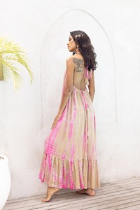 Colección de Verano: Elegante Vestido Largo Maxi Tie Dye con Tirantes Finos, Estilo Holgado, de Rayón, para Playa, con Hombros Descubiertos - Product Image 3