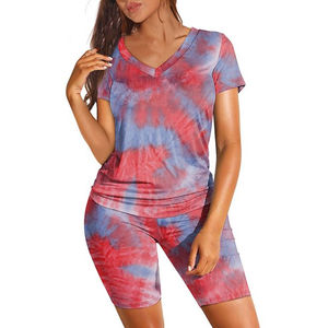 Conjunto de chándales informales de manga corta con estampado de pantalla a color personalizado, 2 piezas, uso en el gimnasio, 100% algodón, cuello redondo, teñido anudado, al por mayor - Product Image 3