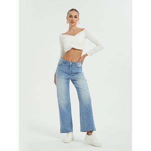 Jean droit taille haute pour femme Paola Riboni, délavage clair, orné de strass, coupe ample, longueur intégrale, en denim, idéal pour l'été et l'automne - Product Image 1