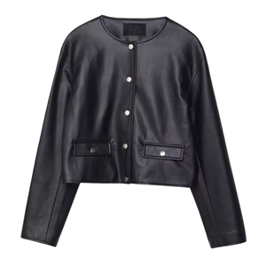 Ladies Black Genuine Leather Cropped <b>Jacket</b> <b>Collarless</b> Fashion Casual <b>Jacket</b> - Product Image 1