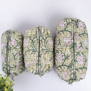 Handmade Quilted Cosmetic Travel Organizer Floral Block Printed Cotton Makeup Bag Set 3 Pieces Toiletry Wash Pouch Wholesale
