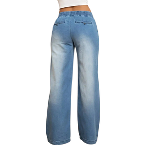 Custom Women's <b>Light</b> Blue Straight Leg Mid Waist Regular Fit Casual Vintage Wash Denim Jeans 100% Cotton Breathable Quick Dry - Product Image 2
