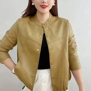 Veste en cuir femme recadrée 2024 automne nouveau Style mode Tweed veste en cuir col rond - Product Image 6