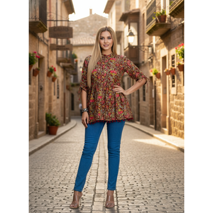 Blusa Peplum de Popelina Bordada con Flores Color Granate para Mujer, con Mangas 3/4, Talla Única, para Uso Casual y Festivo - Product Image 1