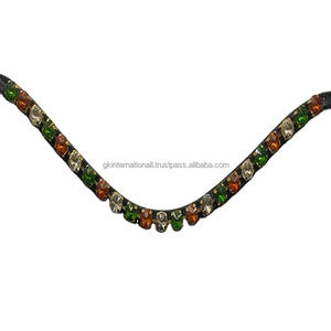 Banda personalizada para cejas de caballo, 1 Fila de cristales verdes, naranja y transparentes, combinación de diamantes de imitación ostentosos, cuero genuino, precio al por mayor - Product Image 1