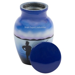 Escena de pescador pintada Imagen azul de metal Urnas de recuerdo Suministros funerarios conmemorativos Amados Urnas de cenizas de entierro - Product Image 1