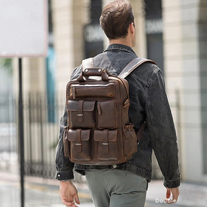 Vintage Genuine <b>Leather</b> <b>Backpack</b> Large Capacity Multi-Pocket Design Brown Men's <b>Laptop</b> Bag for Daily Use - Product Image 6