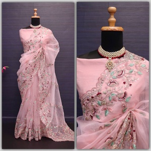 Sari de seda de Organza con hilo Zari codificación lentejuelas trabajo con pieza de blusa de seda saris de Organza puro para mujer ropa de fiesta de boda - Product Image 3