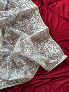 Sari en soie indienne de couleur blanche avec un magnifique travail de broderie chikankari de la mode pakistanaise, avec un pièce de blouse au même design pour l'Aïd et le Ramadan - Product Image 3