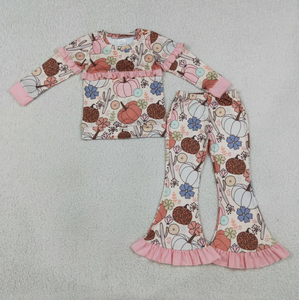 Ensemble pyjama décontracté pour filles, imprimé citrouille, sans manches, écologique, avec volants, pantalon confortable en Spandex/Polyester - Product Image 2