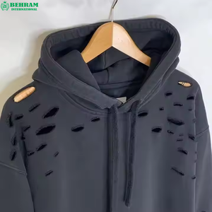 Sweat-shirt à capuche personnalisé en gros, épais, en molleton bouclette délavé, effet vieilli, 400 GSM, coupe classique, noir gaufré, 100% coton - Product Image 3