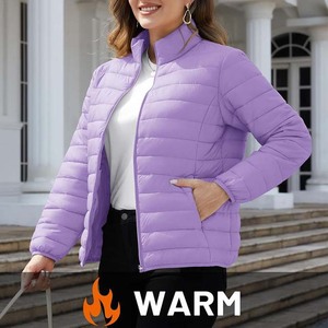 Veste matelassée légère pour femme, couleur violet clair, pliable, coupe-vent, chaude, imperméable, avec fermeture éclair - Product Image 2