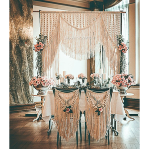 Grand rideau en macramé de style bohème pour décoration murale de mariage avec arche de fond et housses de chaise - Product Image 1