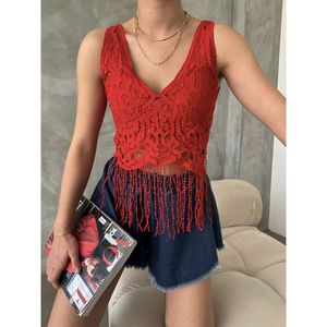 Haut bustier brodé en dentelle à col en V et ourlet à franges rouges TOPSHOW pour femme - Lingerie et vêtements en gros - Product Image 2