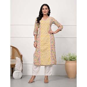 Yellow Floral-<b>Printed</b> Straight Kurti Traditional Indian Ethnic Cotton Butti <b>Block</b> Stitched for Daily Wear Parties Made Rayon - Product Image 1