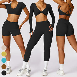Ensemble de sport cinq pièces sans couture pour femme, recyclable, couleur unie, pour gym, yoga et fitness : crop top, brassière de sport, leggings taille mi-haute et shorts - Product Image 5