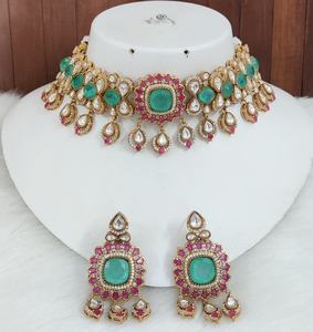 Ensemble de collier en moissanite Polki et pierre doublette, collier de qualité supérieure de luxe avec de magnifiques boucles d'oreilles, parfait pour les mariages - Product Image 3