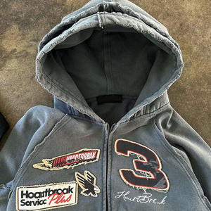 เสื้อฮู้ดซิปจีเอสเอ็ม400ออกแบบได้ตามต้องการสำหรับผู้ชายเสื้อฮู้ดติดผ้าเย็บปักลายจางหายไปแดดสไตล์วินเทจ - Product Image 2