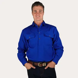 도매 블루 코튼 능 직물 하프 버튼 긴 소매 작업 셔츠 망 호주 컨트리 스타일 작업 셔츠