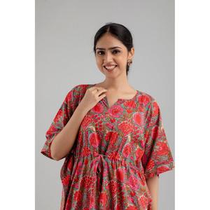 Robe longue ethnique en coton pur à imprimé floral rose - SHKUP1249 - Décontractée - Grande taille (XS à XL) - Longueur genou - Vêtements ethniques de jour ODM - Product Image 5