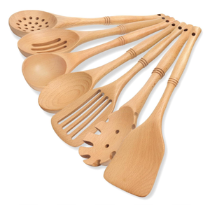 Spatule en bois en gros pour la cuisine, ensemble de 8 ustensiles de cuisine en bois de hêtre naturel pour la cuisine, le mélange et le service - Product Image 5